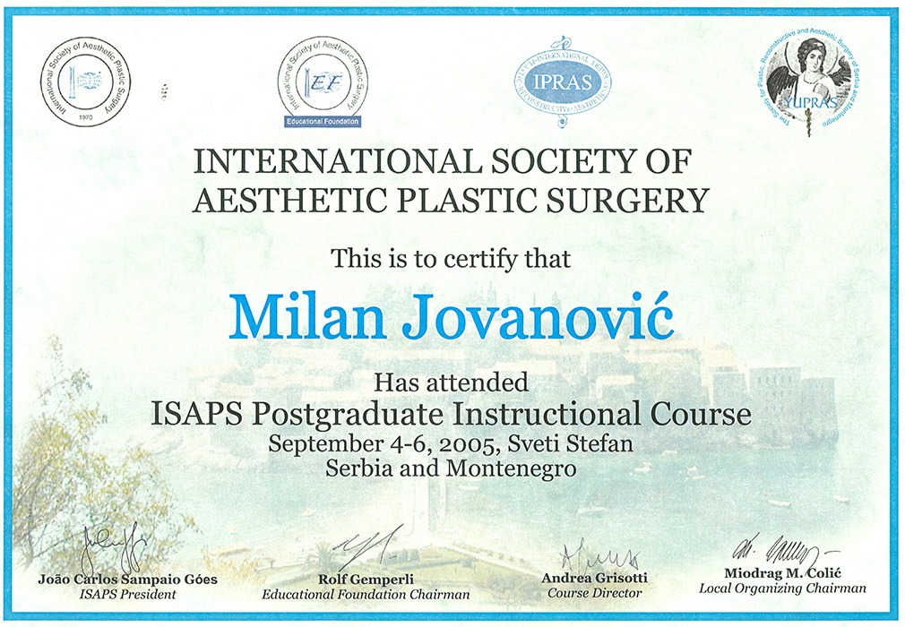 Diploma hirurga, sertifikat ISAPS
