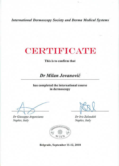 Diploma hirurga, sertifikat, dermoskopija
