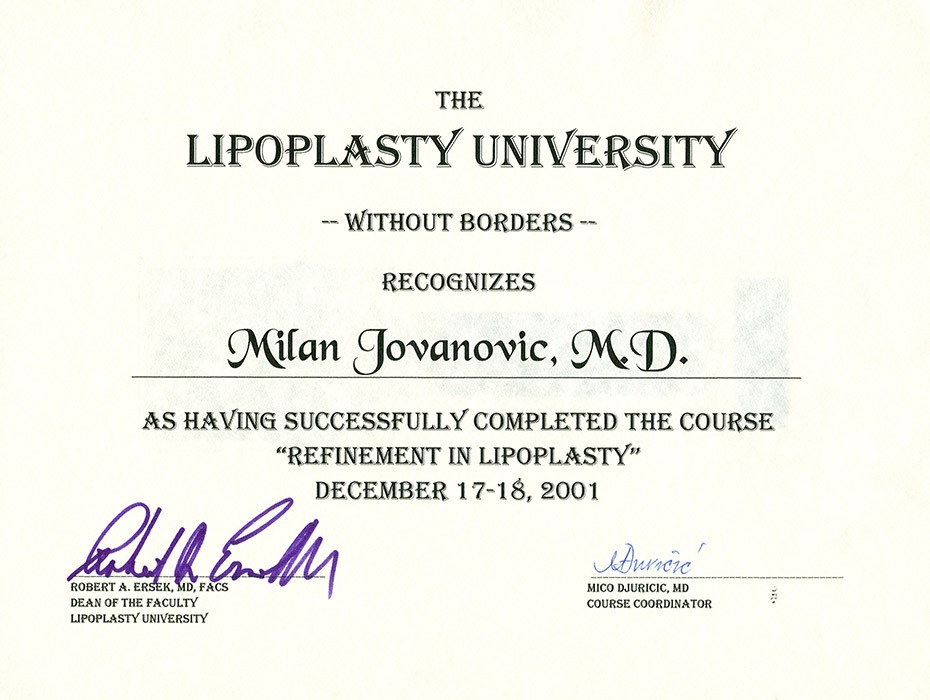 Diploma hirurga, sertifikat, liposukcija