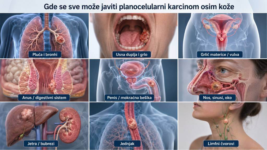 Planocelularni karcinom može se javiti i u plućima, usnoj duplji, grliću materice, digestivnom sistemu i drugim organima