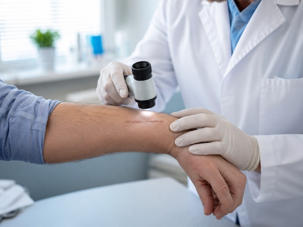 lekar dermatoskopom pregleda keloidni ožiljak na podlaktici pacijenta u ordinaciji